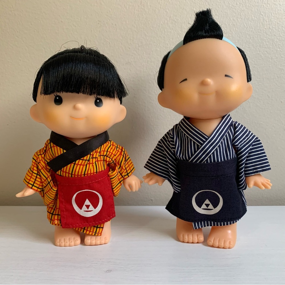 Vintage Japanese Vinyl Doll in Kimono Traditional Outfit Lot of 2 Girl & Boy